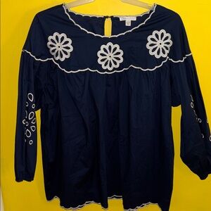Cato Navy Blouse with White Floral Embroidery NWOT